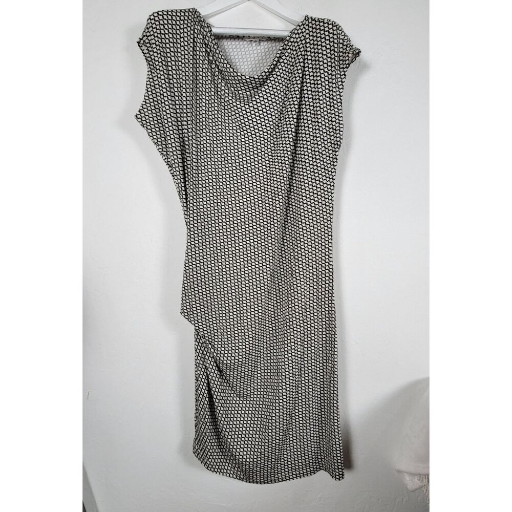 Cabi Womens Black White Geometric Cowl Neck Ruched Midi Dress Large Stretch #614